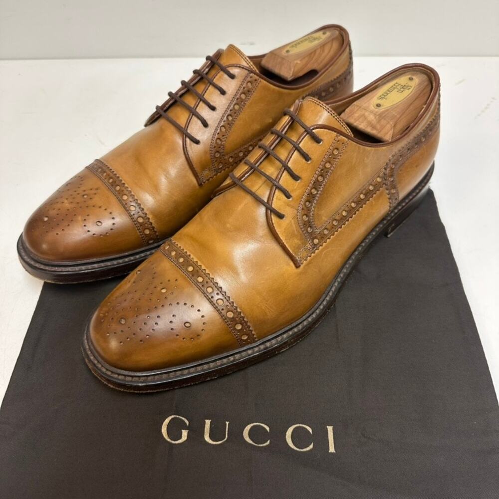 VGUC Gucci Cap Toe Derby Brogue Burnished Tan Calf Cognac Made in Italy US 9.5 D